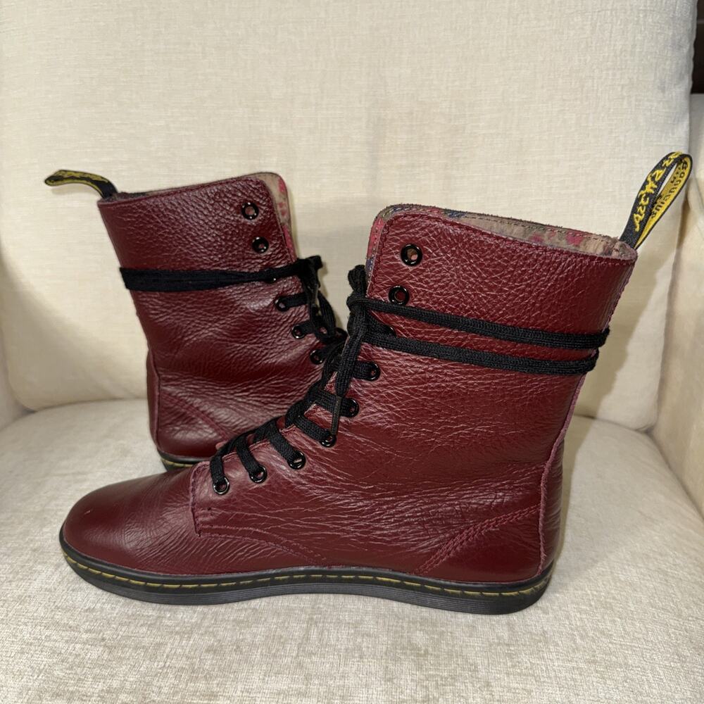 Dr. Martens STRATFORD Burgundy Leather Combat Boot Women 9, Floral Lined Maroon - Picture 2 of 9